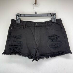 KanCan size Large Juniors Black Distressed Denim High Rise Raw Hem Jean Shorts
